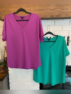 Talbots XL Purple & Turquoise Textured Henley Knit Tops Bundle Viscose Blend